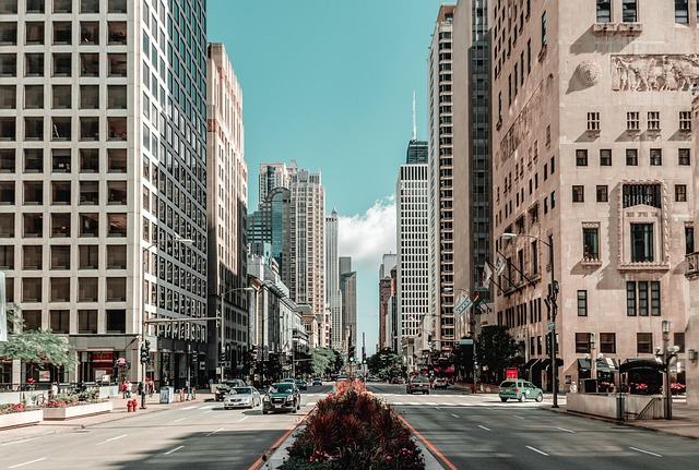 chicago, city, nature, building, skyline, skyscraper, architecture, urban, cityscape, illinois, america, usa, sunset, downtown, to travel, road