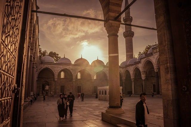 istanbul, nature, turkey, mosque courtyard, islamic architecture, ottoman architecture, suleymaniye mosque, sunset, courtyard, arches, people, travel, culture, religion, heritage, historical building, tourism