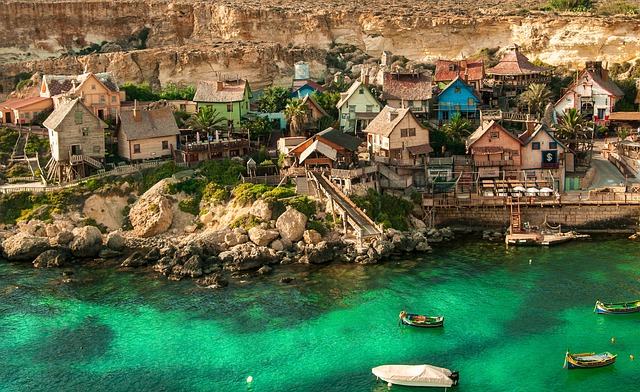 popeye village, malta, architecture, travel, tourism, scenery, village, color, landscape, holiday, nature, sea, adventure, anchor bay, summer, hill