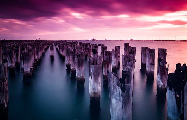 princes pier, melbourne, port melbourne, nature, poles, sunset, sky, clouds, water, bay, australia, victoria