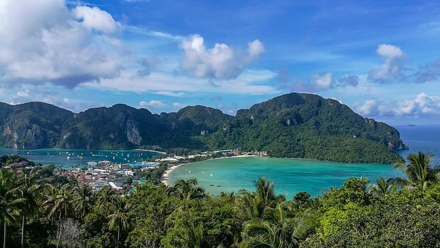 phi phi island, thailand, phuket, blue sky, sea, travel, nature, summer, water, beach, island, landscape, sky, tourism, outdoor, blue, tropical, holiday, ocean, sunny, heaven, andaman, clouds, scenery, mountains, blue heaven