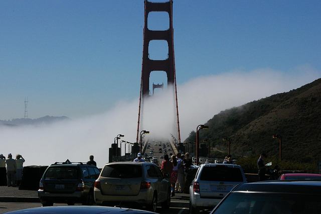 golden gate bridge, fog, traffic, road, cars, vehicles, automobiles, bridge, landmark, cloud, san francisco, california, usa, united states