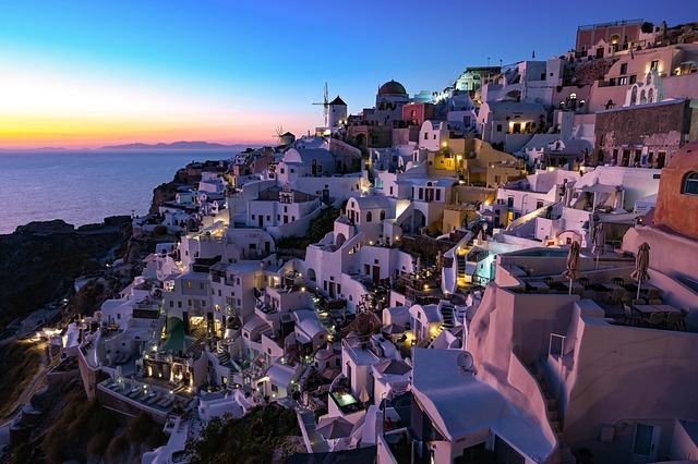 sunset, houses, greece, santorini, thira, island, nature, scenery, ocean, luxury, holiday, vacation
