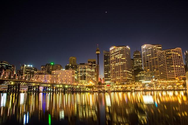 cityscape, illuminated, darling harbour, sydney, australia, city, skyline, buildings, high-rise, high-rise buildings, skyscrapers, harbor, waterfront, city lights, architecture, night, night lights, reflection, urban, metropolitan, sydney, sydney, australia, australia, australia, australia, australia